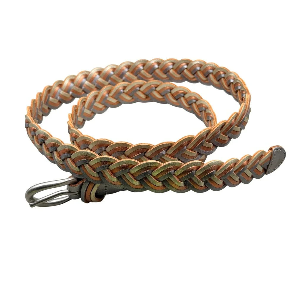 Fossil Womens Braided Leather Belt Metallic Silver Gold Copper Woven BT3816838 M